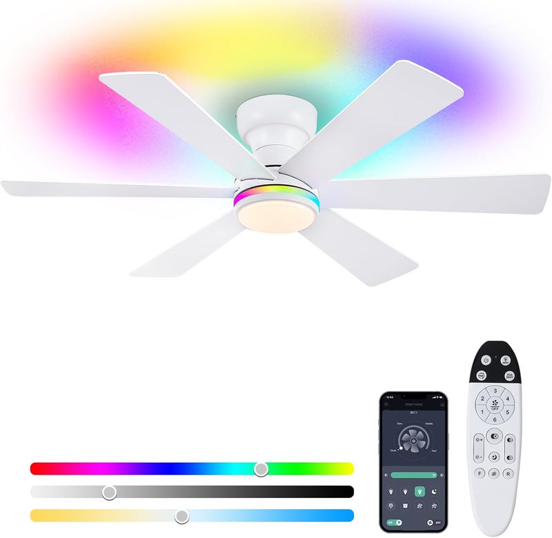 Asyko 46In Flush Mount Ceiling Fans with RGB Light- White Modern Ceiling Fan, Dimmable+3CCT, Quiet Reversible Motor, Low Profile Fan Light for Indoor Bedroom, Kids Room - Image 1
